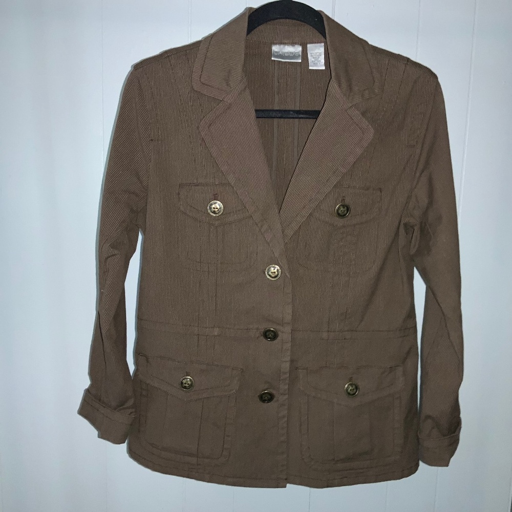 Chico’s chocolate brown unlined cotton blend jacket sz 1 (M) military utility